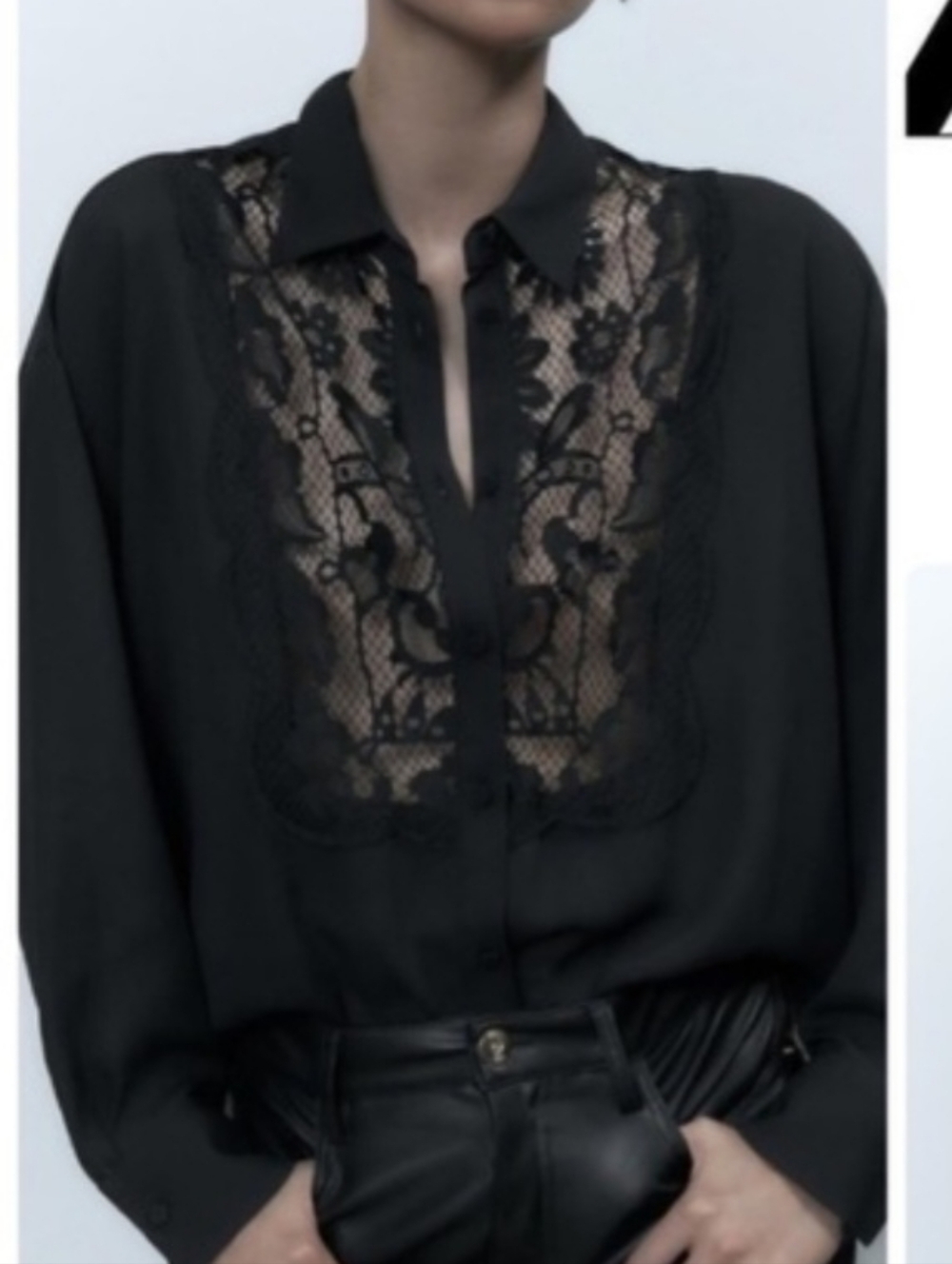ZARA Black Combination Flowy Lace Front Collared Button Up Long Sleeve Blouse